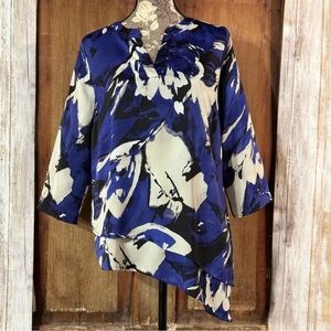 CHICO’S 1 Tunic Asymmetrical Blouse V-Neck Royal Blue Black and White